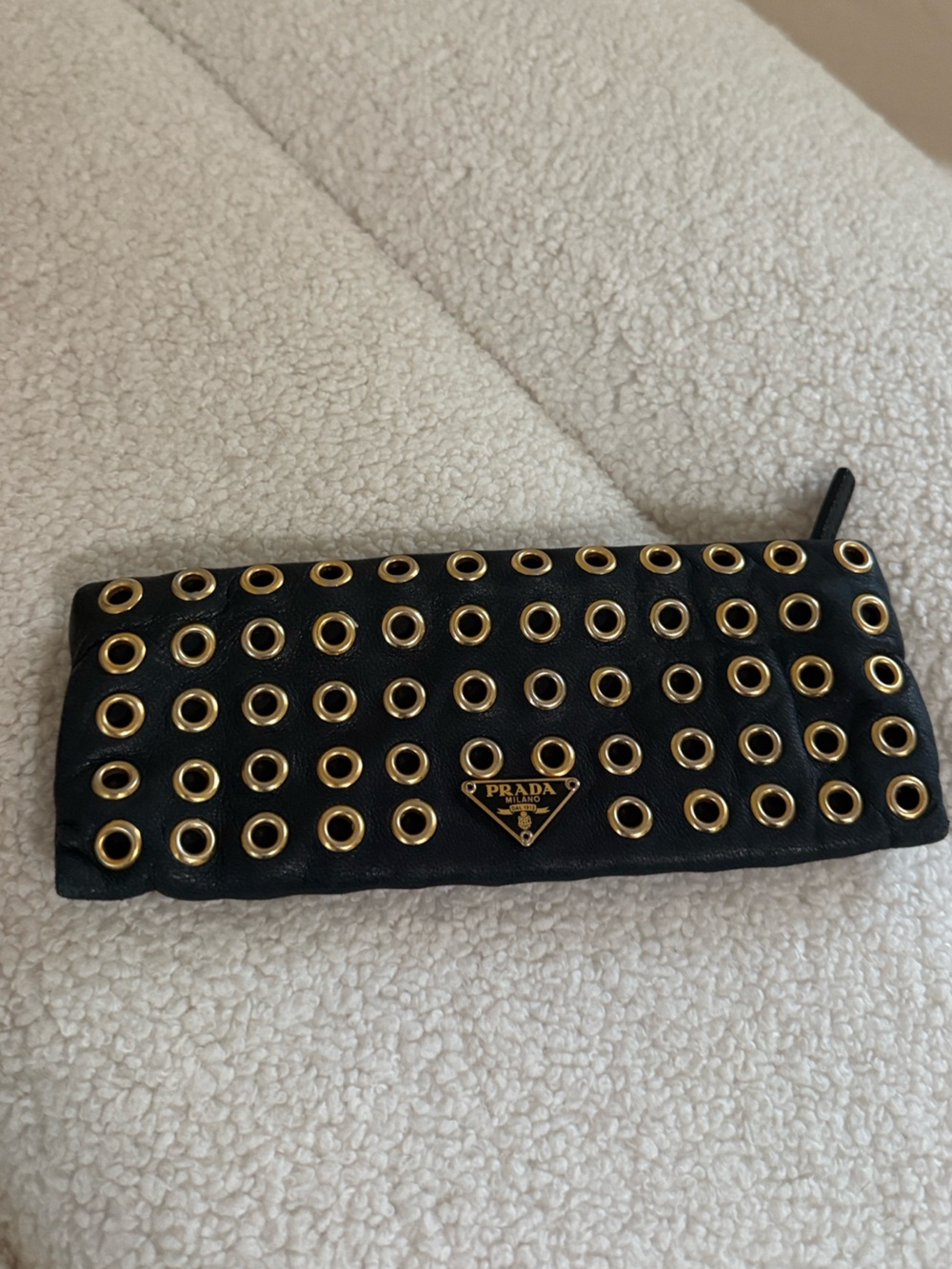 Vintage Prada Triangle Logo Calf Leather Grommet Clutch Bag Black - Picture 1 of 5